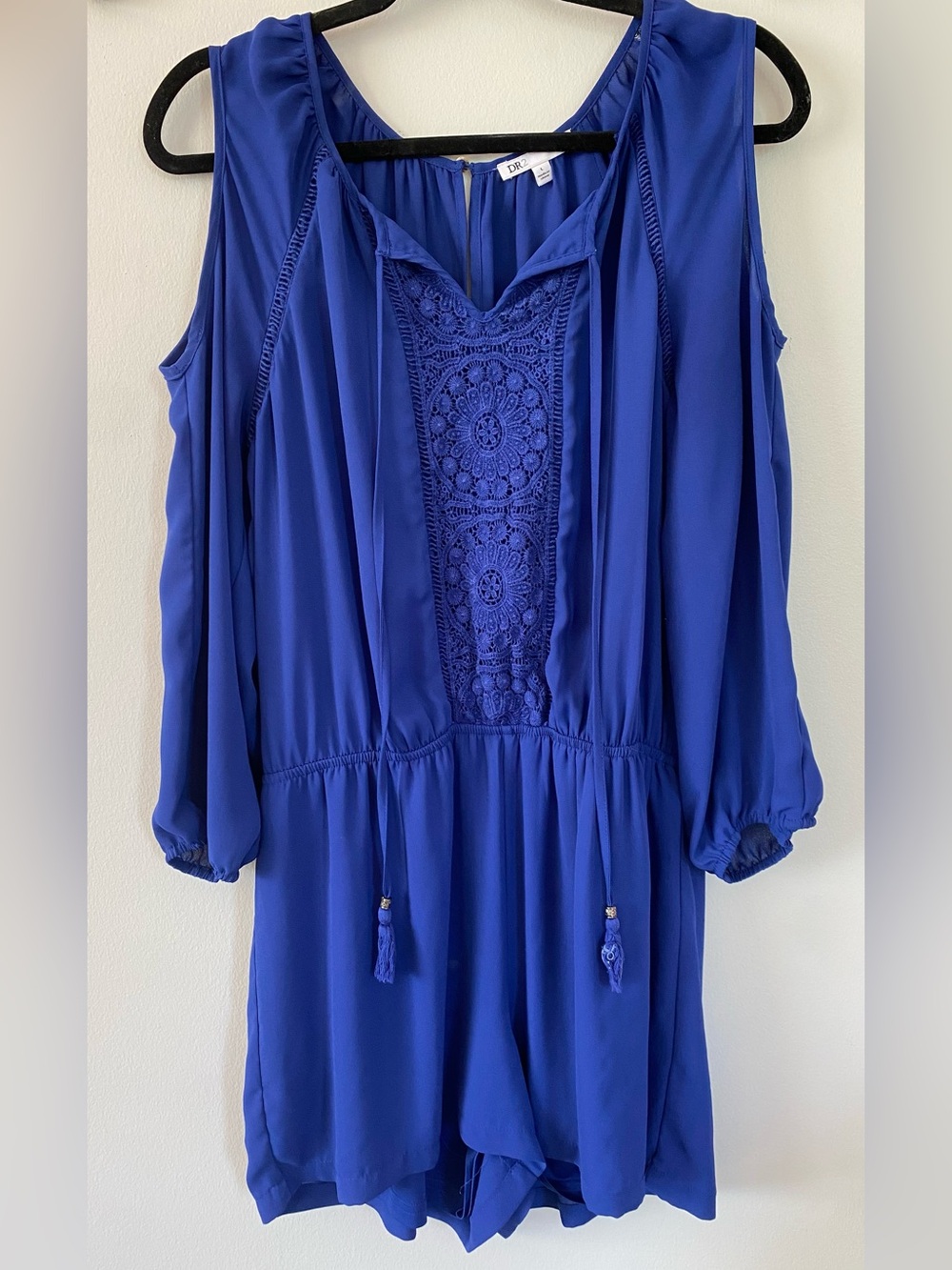 Cobalt Blue Crochet-Front Cold-Shoulder Boho Long Sleeve Romper - size large